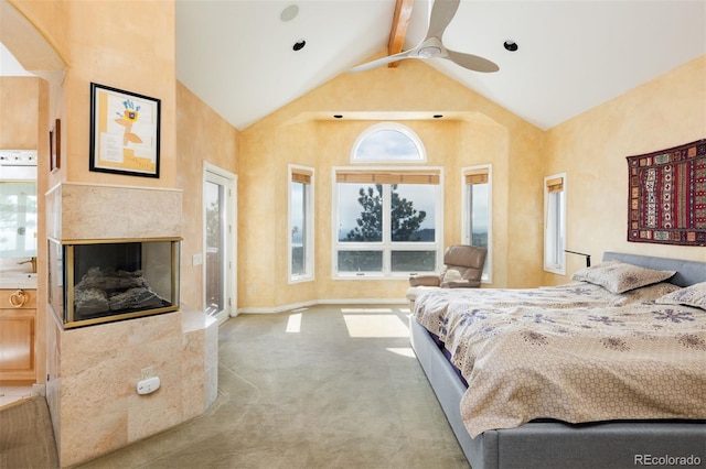 1426 Rembrandt Rd, Boulder, CO 80302 - bedroom with carpet flooring, high vaulted ceiling, beamed ceiling, a fireplace, and baseboards