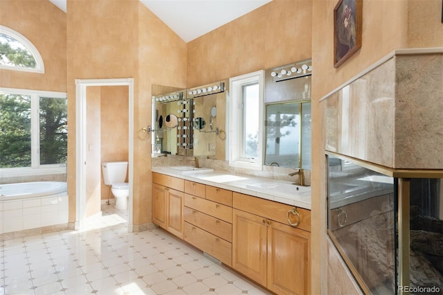 1426 Rembrandt Rd, Boulder, CO 80302 - bathroom with plenty of natural light, toilet, a garden tub, high vaulted ceiling, and double vanity