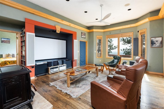 1426 Rembrandt Rd, Boulder, CO 80302 - home theater room with a ceiling fan, hardwood / wood-style flooring, baseboards, and recessed lighting