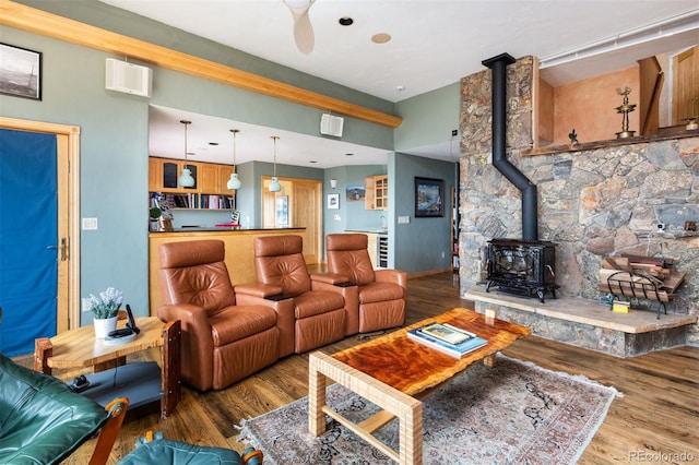 1426 Rembrandt Rd, Boulder, CO 80302 - living room with a wood stove, wood finished floors, and ceiling fan