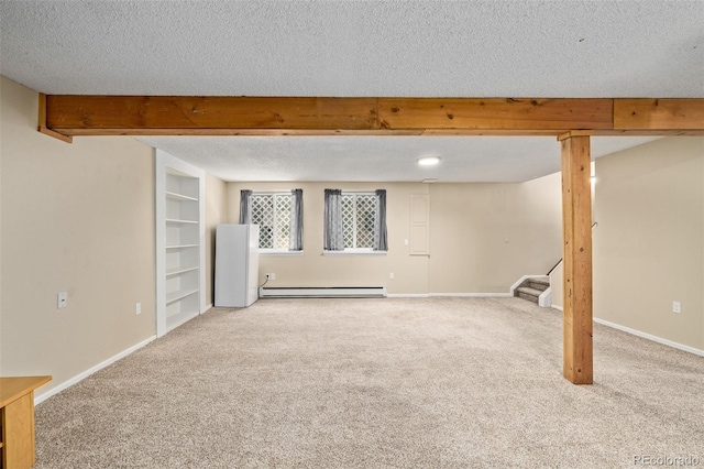 1394 S Zeno St, Aurora, CO 80017 - basement featuring baseboard heating, carpet floors, stairway, and a textured ceiling