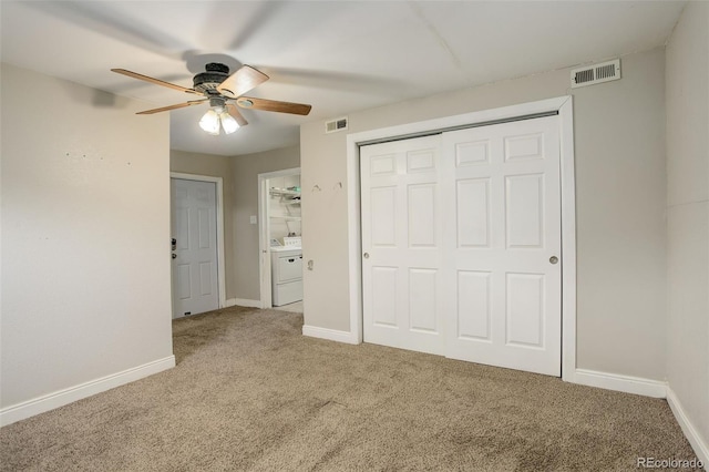 unfurnished bedroom with carpet flooring and ceiling fan