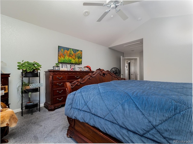 bedroom featuring vaulted ceiling, carpet, and ceiling fan