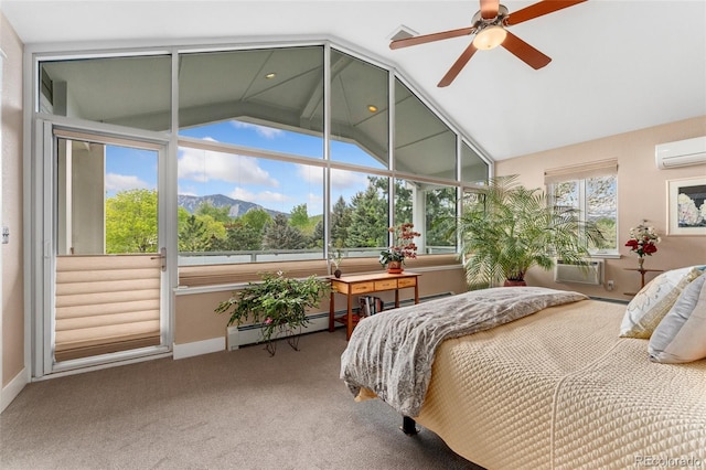 831 Crescent Dr, Boulder, CO 80303 - bedroom with vaulted ceiling, a baseboard heating unit, an AC wall unit, baseboards, and carpet flooring