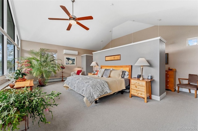 831 Crescent Dr, Boulder, CO 80303 - bedroom with a wall mounted air conditioner, lofted ceiling, carpet flooring, ceiling fan, and a baseboard radiator
