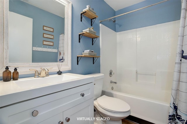 full bathroom with toilet, vanity, and shower / tub combo with curtain