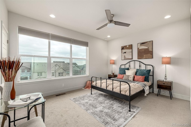 2052 Alcott Way, Broomfield, CO 80023 - bedroom with light colored carpet, baseboards, recessed lighting, and a ceiling fan