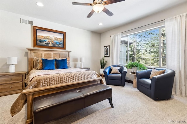 carpeted bedroom featuring ceiling fan