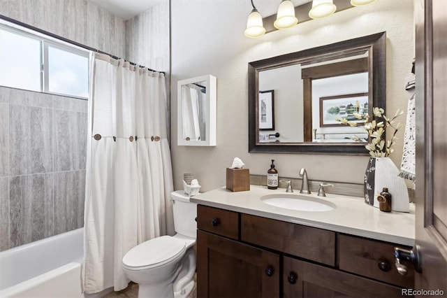 full bathroom with toilet, shower / tub combo, and vanity