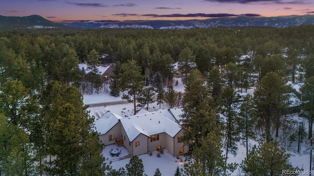 snowy aerial view featuring a mountain view