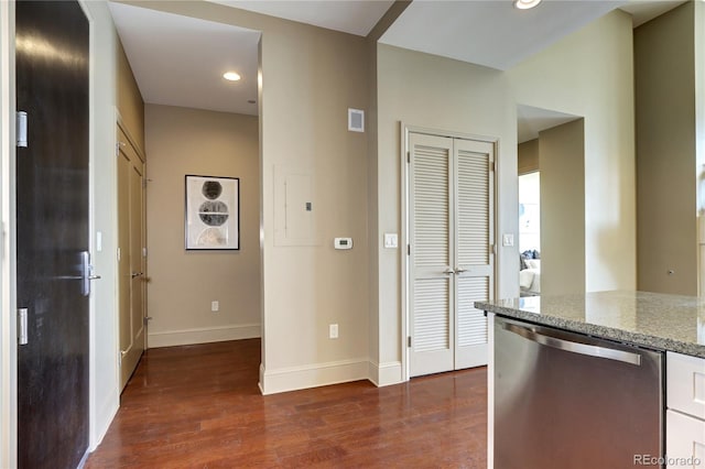 5455 Landmark Pl Unit 1403, Greenwood Village, CO 80111 - kitchen with dishwasher, dark wood-type flooring, light stone countertops, baseboards, and recessed lighting