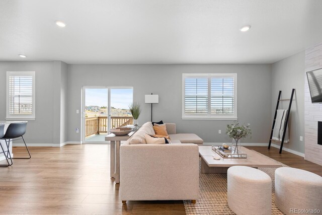 living area with baseboards, a fireplace, and light wood finished floors