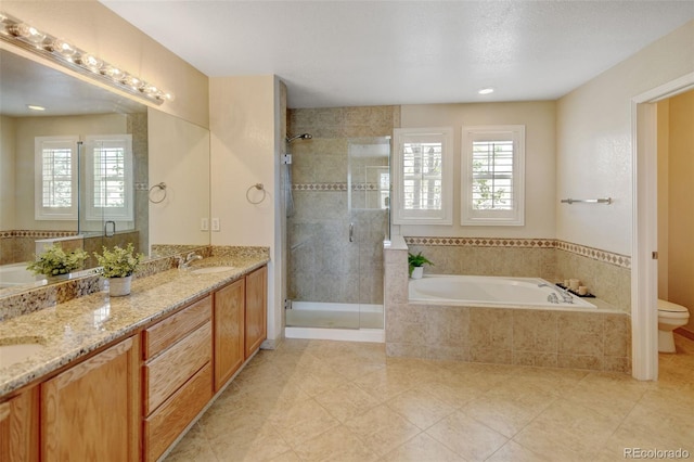 bathroom featuring a shower stall, toilet, a sink, and plenty of natural light