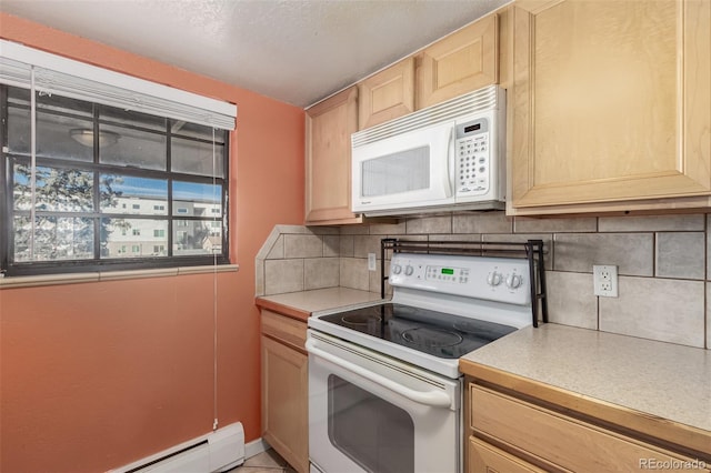 kitchen with light brown cabinets, a baseboard radiator, backsplash, tile patterned floors, and white appliances