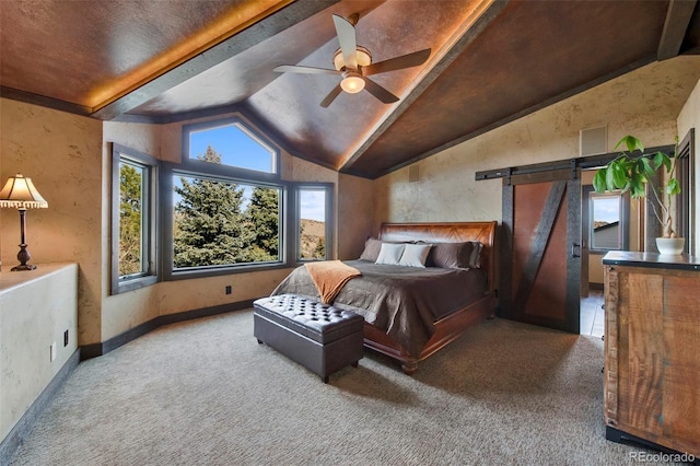 34 Amaranth Dr, Littleton, CO 80127 - carpeted bedroom featuring vaulted ceiling with beams, a ceiling fan, and a barn door