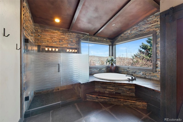 34 Amaranth Dr, Littleton, CO 80127 - bathroom with lofted ceiling with beams, a garden tub, and a shower stall