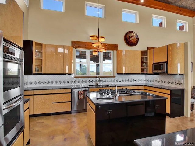 5549 Yulle Rd, Bennett, CO 80102 - kitchen with open shelves, a towering ceiling, dark countertops, appliances with stainless steel finishes, and tasteful backsplash
