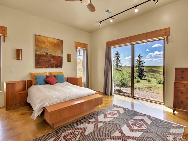 5549 Yulle Rd, Bennett, CO 80102 - bedroom with access to outside, rail lighting, and ceiling fan