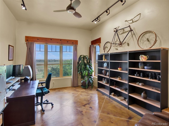 5549 Yulle Rd, Bennett, CO 80102 - office space with rail lighting, a ceiling fan, and finished concrete floors