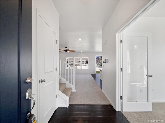 1826 Sunshine Ave, Longmont, CO 80504 - foyer with recessed lighting, hardwood / wood-style floors, a ceiling fan, stairway, and carpet floors