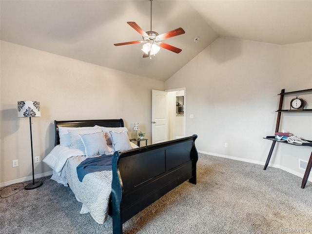 bedroom featuring carpet floors, baseboards, a ceiling fan, and lofted ceiling