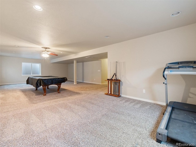 game room with recessed lighting, pool table, carpet flooring, ceiling fan, and baseboards