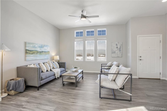 living room with ceiling fan and wood-type flooring