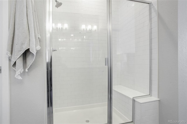 bathroom featuring a shower with door