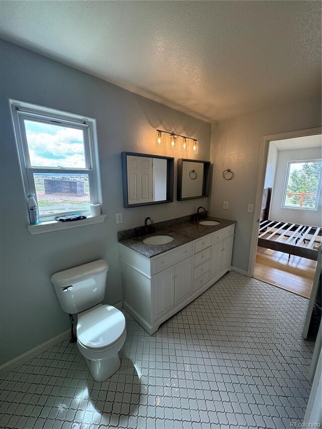 11549 Haskell Creek Rd, Larkspur, CO 80118 - bathroom featuring a textured ceiling, toilet, and double vanity