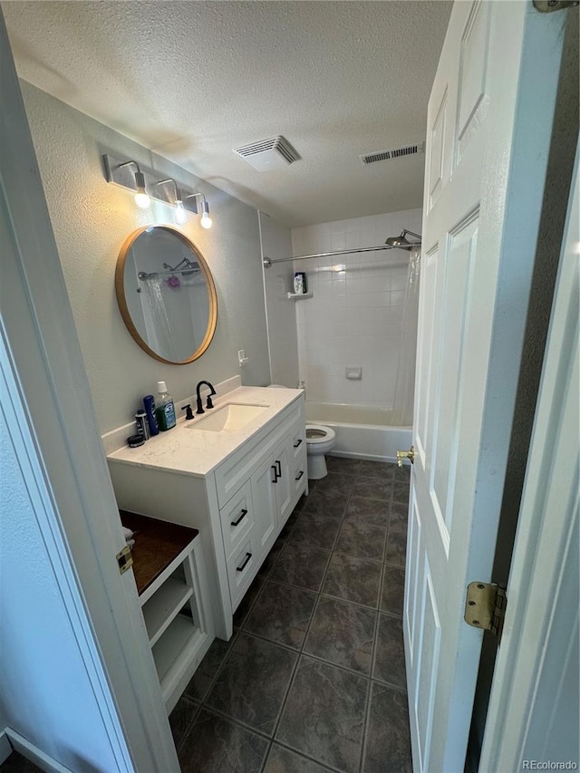 11549 Haskell Creek Rd, Larkspur, CO 80118 - bathroom with vanity, a textured ceiling, shower / bathtub combination with curtain, toilet, and tile patterned flooring