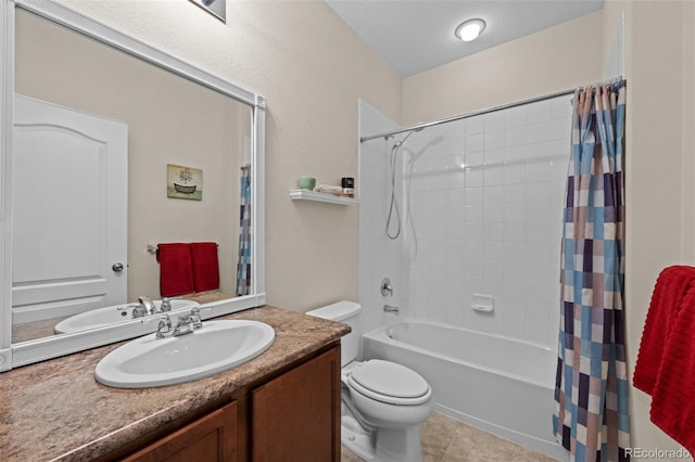 full bathroom with vanity, shower / tub combo, tile patterned floors, and toilet