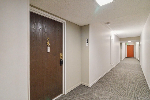 hallway featuring carpet floors and a textured ceiling