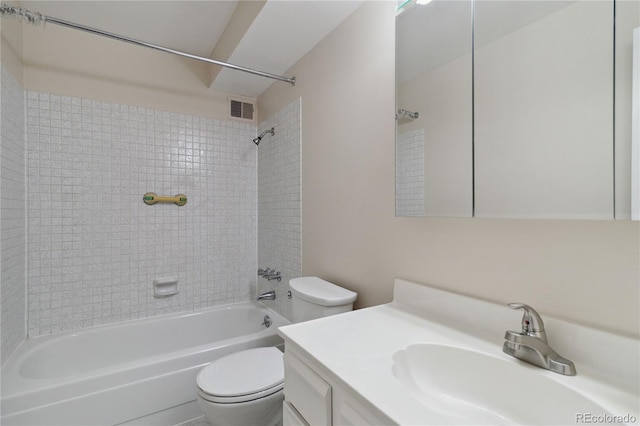full bathroom featuring toilet, shower / bathtub combination, vanity, and visible vents