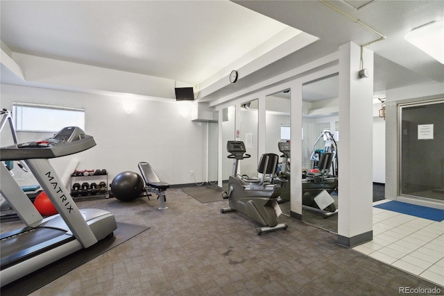 workout area with carpet flooring