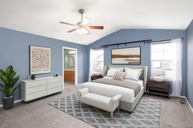 4488 Larksong Pl, Castle Rock, CO 80109 - bedroom featuring vaulted ceiling, carpet flooring, ensuite bathroom, and a ceiling fan