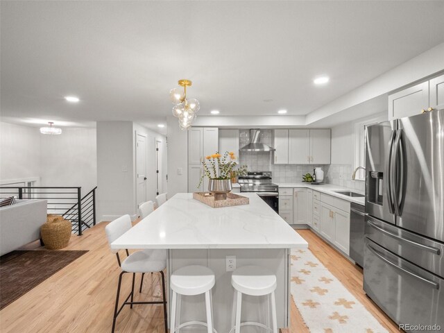 kitchen featuring light wood finished floors, a kitchen island, appliances with stainless steel finishes, wall chimney exhaust hood, and a sink