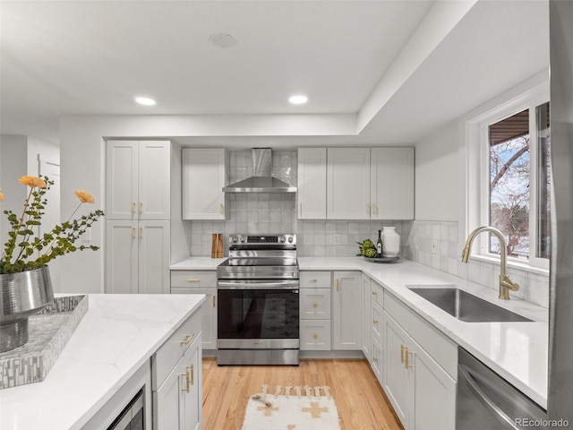 kitchen with a sink, tasteful backsplash, light wood-style floors, appliances with stainless steel finishes, and wall chimney exhaust hood