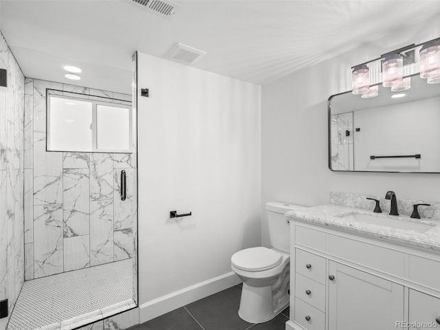 bathroom with vanity, baseboards, visible vents, a marble finish shower, and toilet