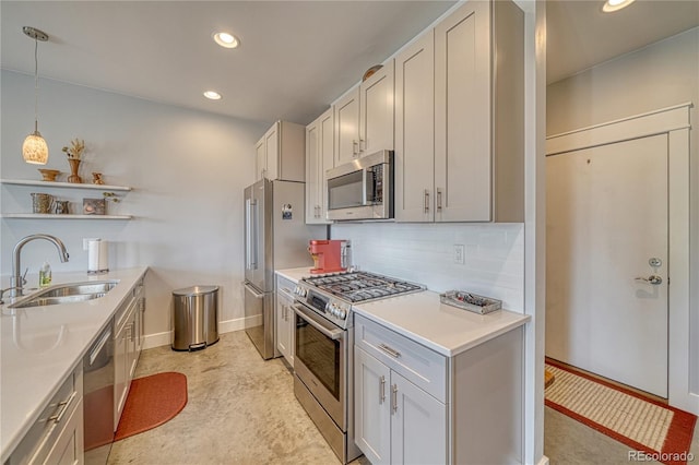 kitchen featuring stainless steel appliances, a sink, light countertops, decorative backsplash, and open shelves