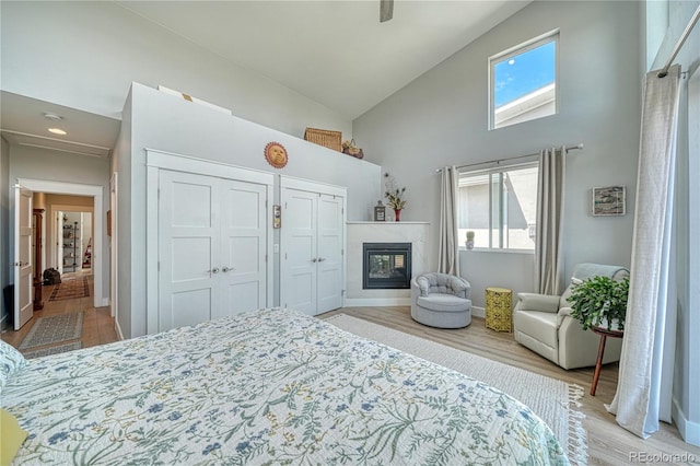 bedroom featuring high vaulted ceiling, wood finished floors, a glass covered fireplace, and two closets