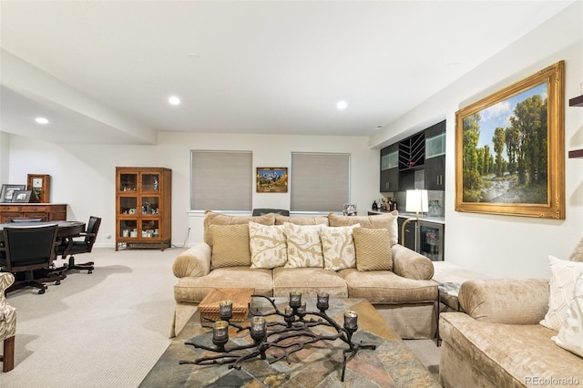 3251 Virga Loop, Colorado Springs, CO 80904 - living room with light colored carpet, recessed lighting, and wine cooler