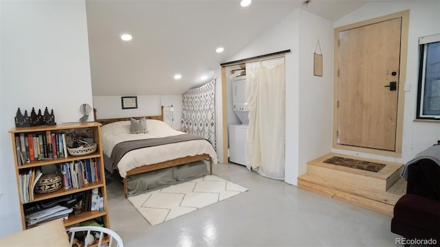 bedroom featuring recessed lighting, concrete floors, and lofted ceiling