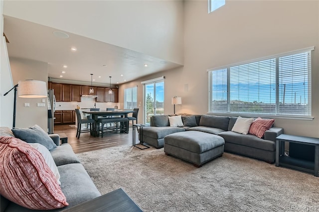 living area with a high ceiling, recessed lighting, and wood finished floors