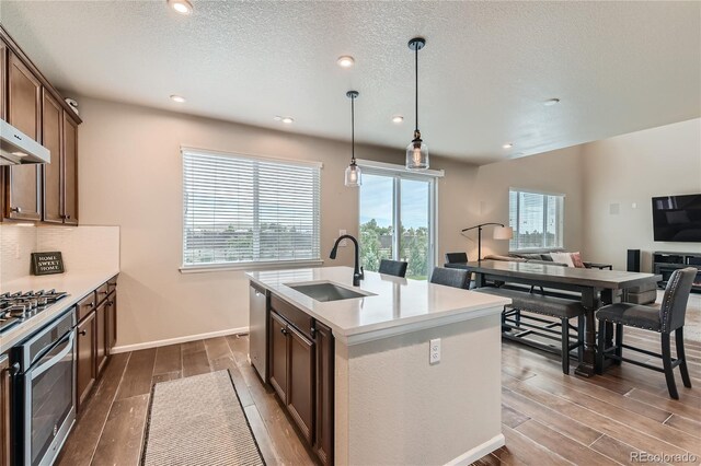 kitchen featuring tasteful backsplash, wood finish floors, light countertops, appliances with stainless steel finishes, and a sink