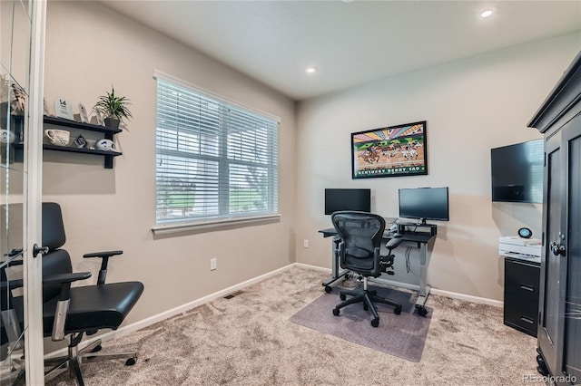 home office featuring recessed lighting, baseboards, and light carpet