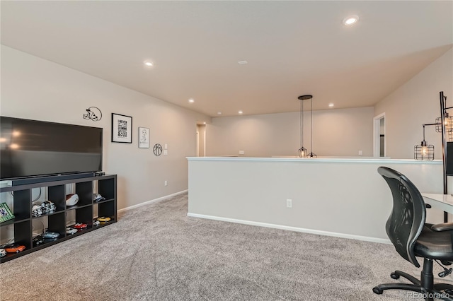 carpeted office space featuring recessed lighting and baseboards