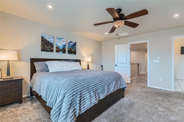 bedroom featuring a ceiling fan, baseboards, visible vents, recessed lighting, and light carpet