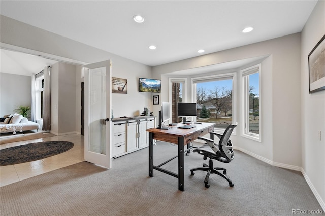 home office with tile patterned floors, baseboards, carpet flooring, and recessed lighting