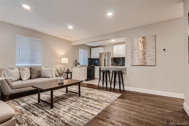 living room with dark hardwood / wood-style flooring and sink