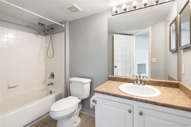 full bathroom with shower / tub combination, tile patterned flooring, vanity, and toilet